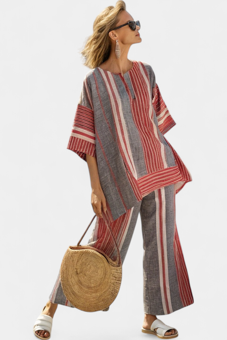 Completo Oversize Daisy i Lin med Ränder i Korallröd och Grå, Modern och Bekväm Stil