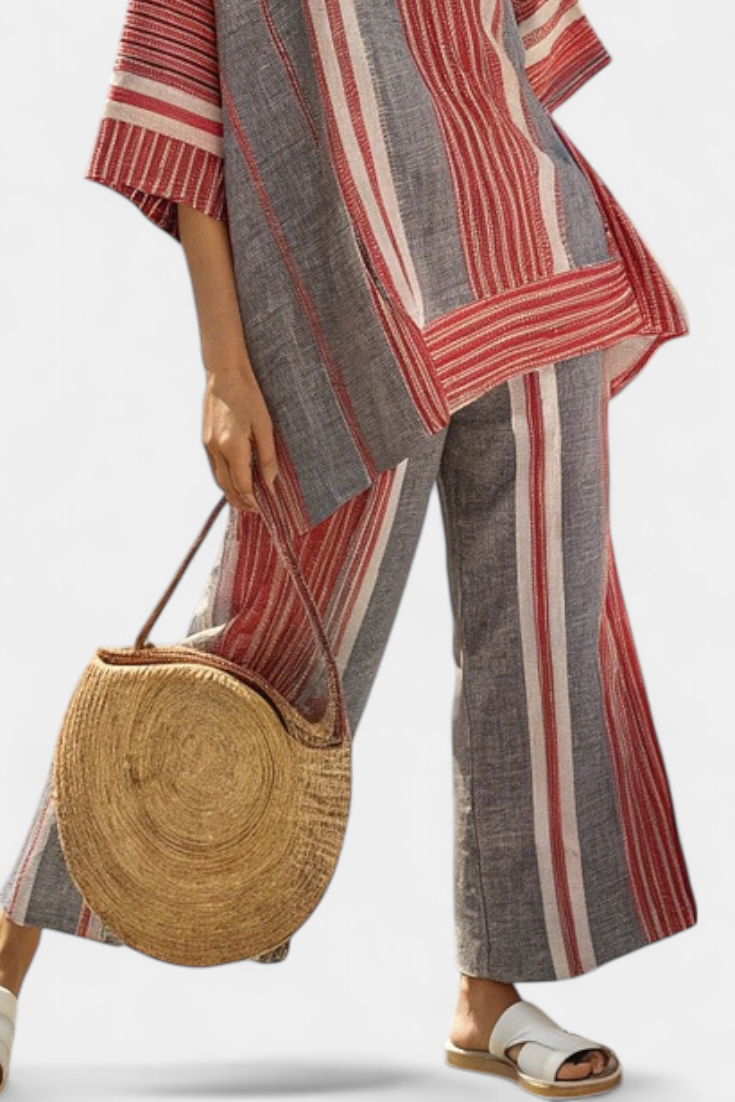 Completo Oversize Daisy i Lin med Ränder i Korallröd och Grå, Modern och Bekväm Stil