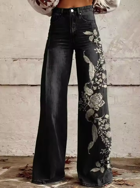 Lily™ | Noir Bloom broderade byxor med vida ben