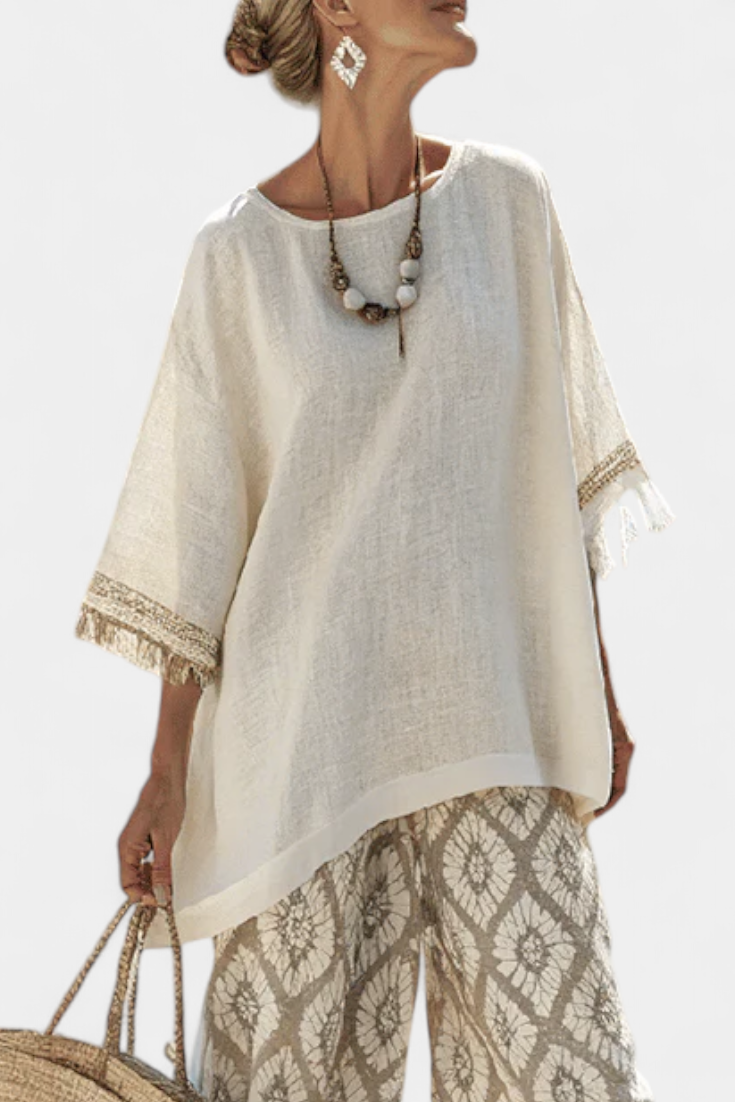Completo Boho Chic Daisy: Lång Blus och Mönstrade Byxor för en Unik Stil