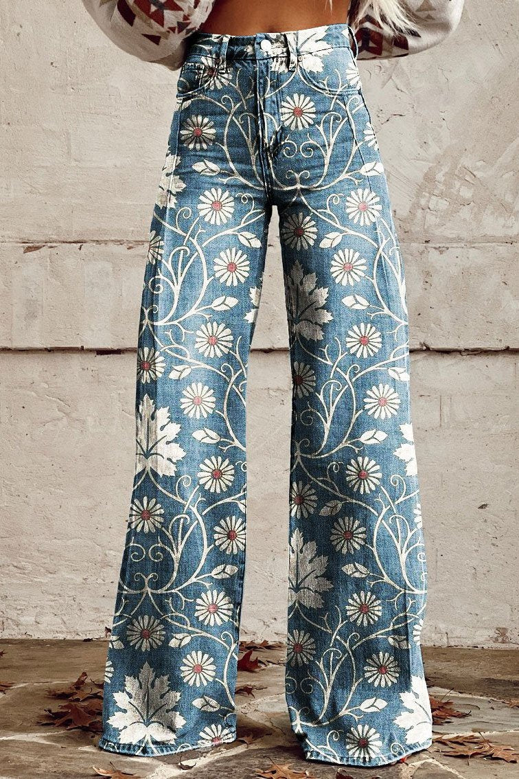 Clarina™ | Vintage Daisy Bloom byxor med vida ben