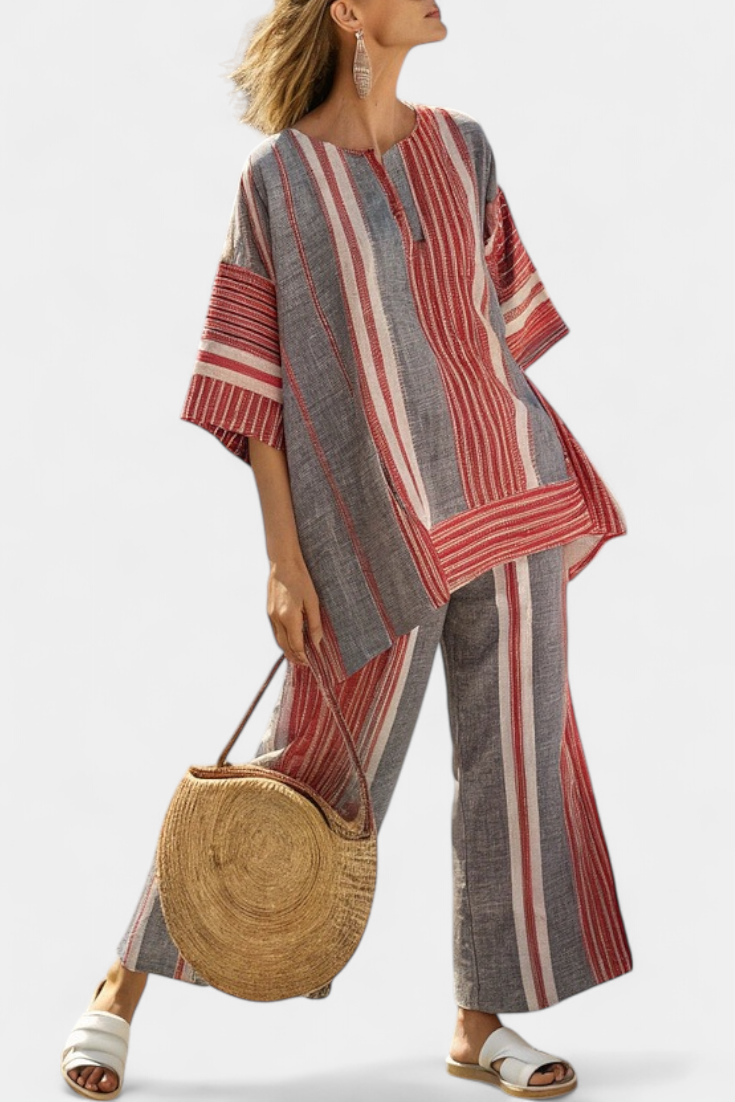 Completo Oversize Daisy i Lin med Ränder i Korallröd och Grå, Modern och Bekväm Stil
