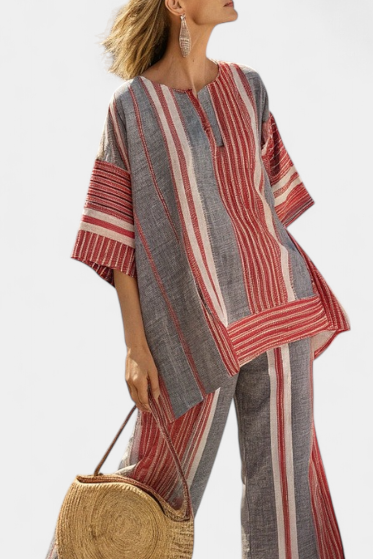 Completo Oversize Daisy i Lin med Ränder i Korallröd och Grå, Modern och Bekväm Stil