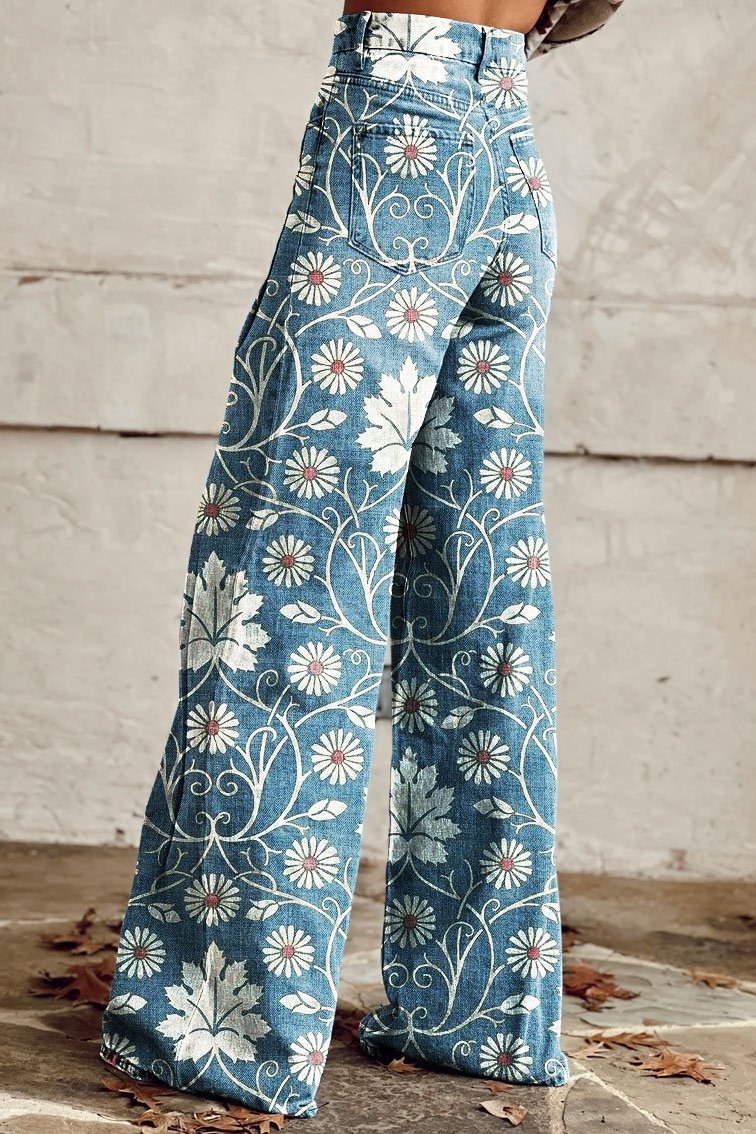 Clarina™ | Vintage Daisy Bloom byxor med vida ben